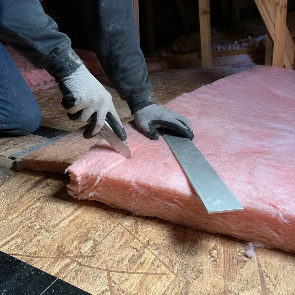 Worker cutting pink fiberglass attic insulation with a utility knife