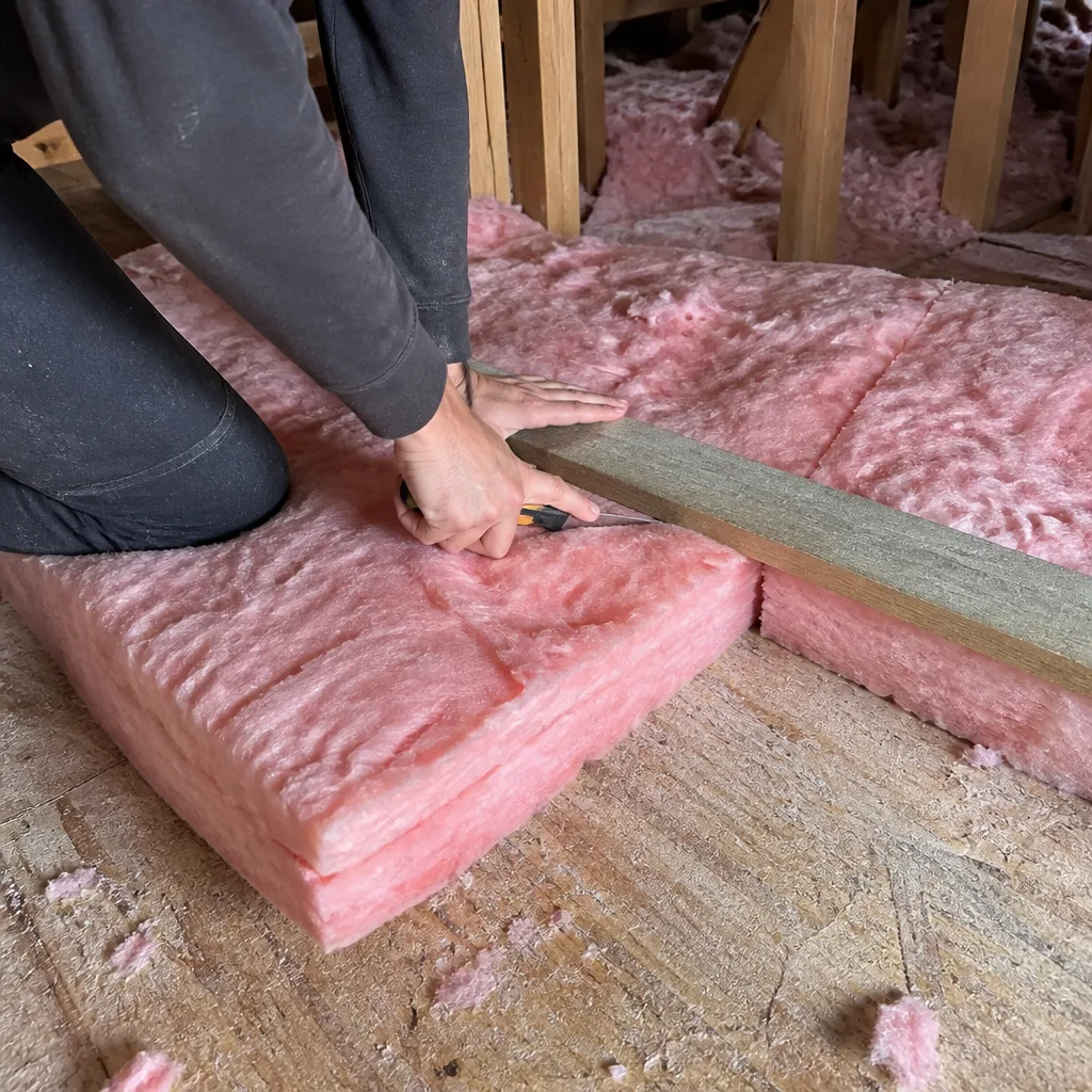 Professional cutting pink fiberglass attic insulation with a utility knife