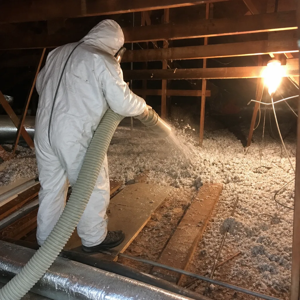 Professional blowing insulation into an attic for home energy efficiency