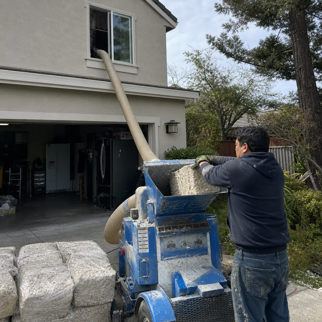 Contractor using a professional insulation blowing machine for attic installation