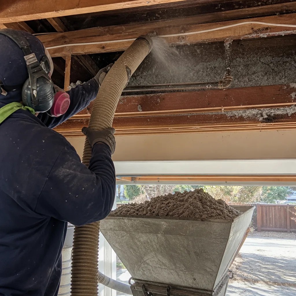 Technician installing blown-in cellulose insulation into an open ceiling