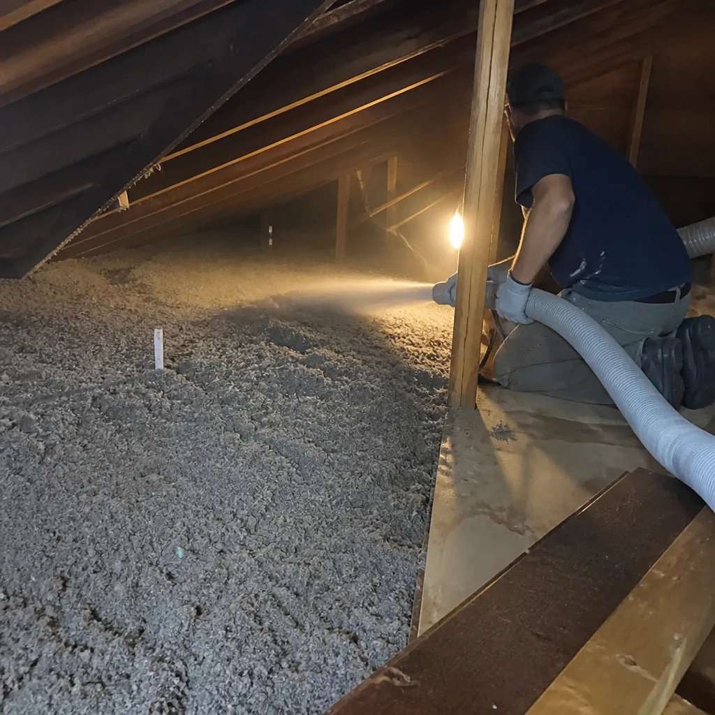 Contractor applying professional blown-in cellulose insulation in an attic