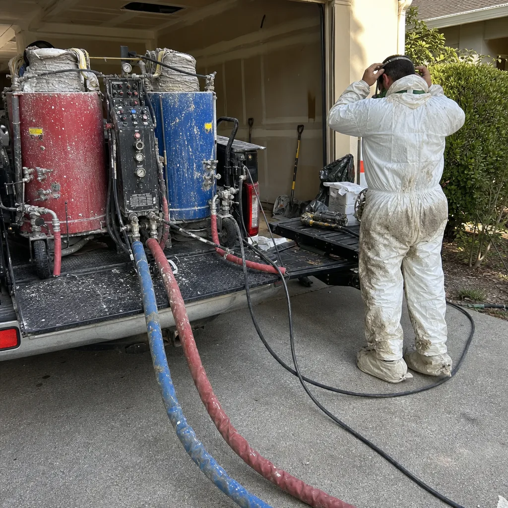 Technician using professional spray foam insulation equipment and machinery