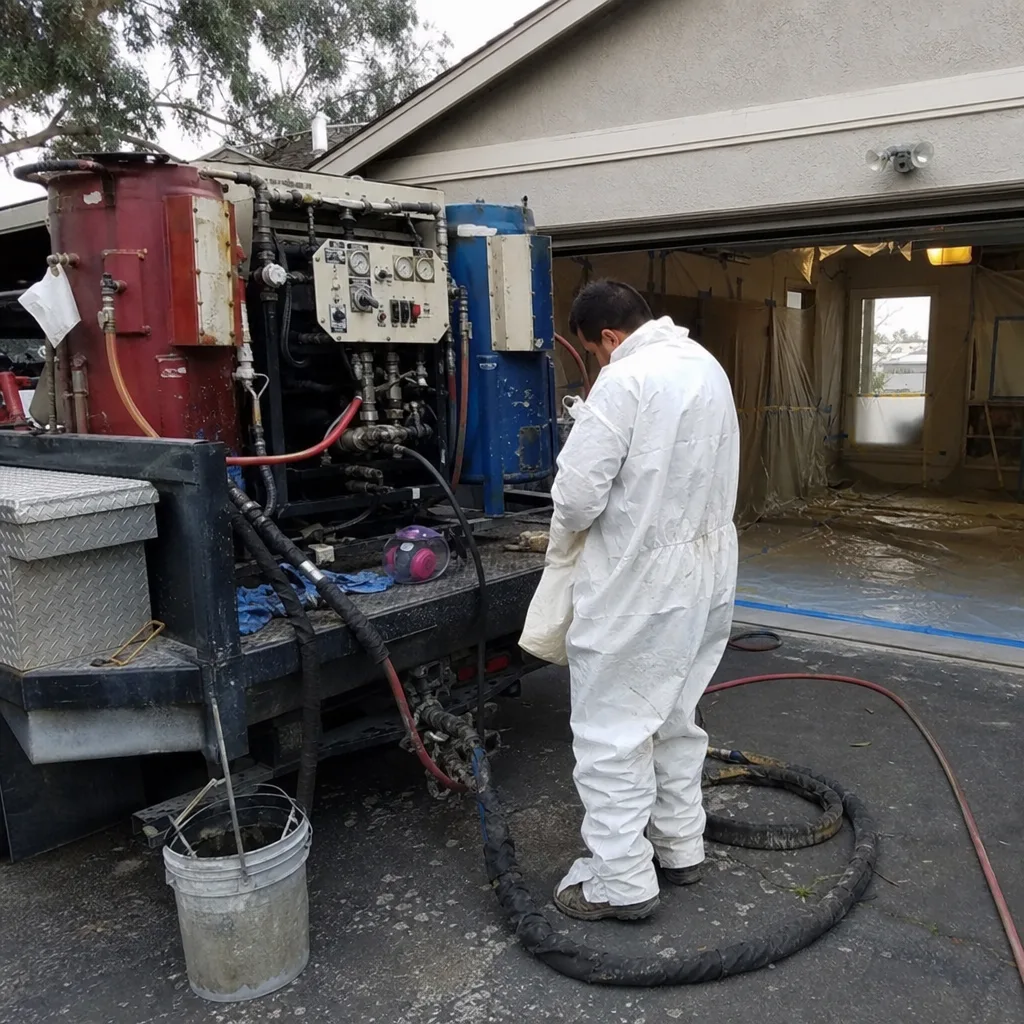 Technician in protective gear operating industrial spray foam insulation equipment