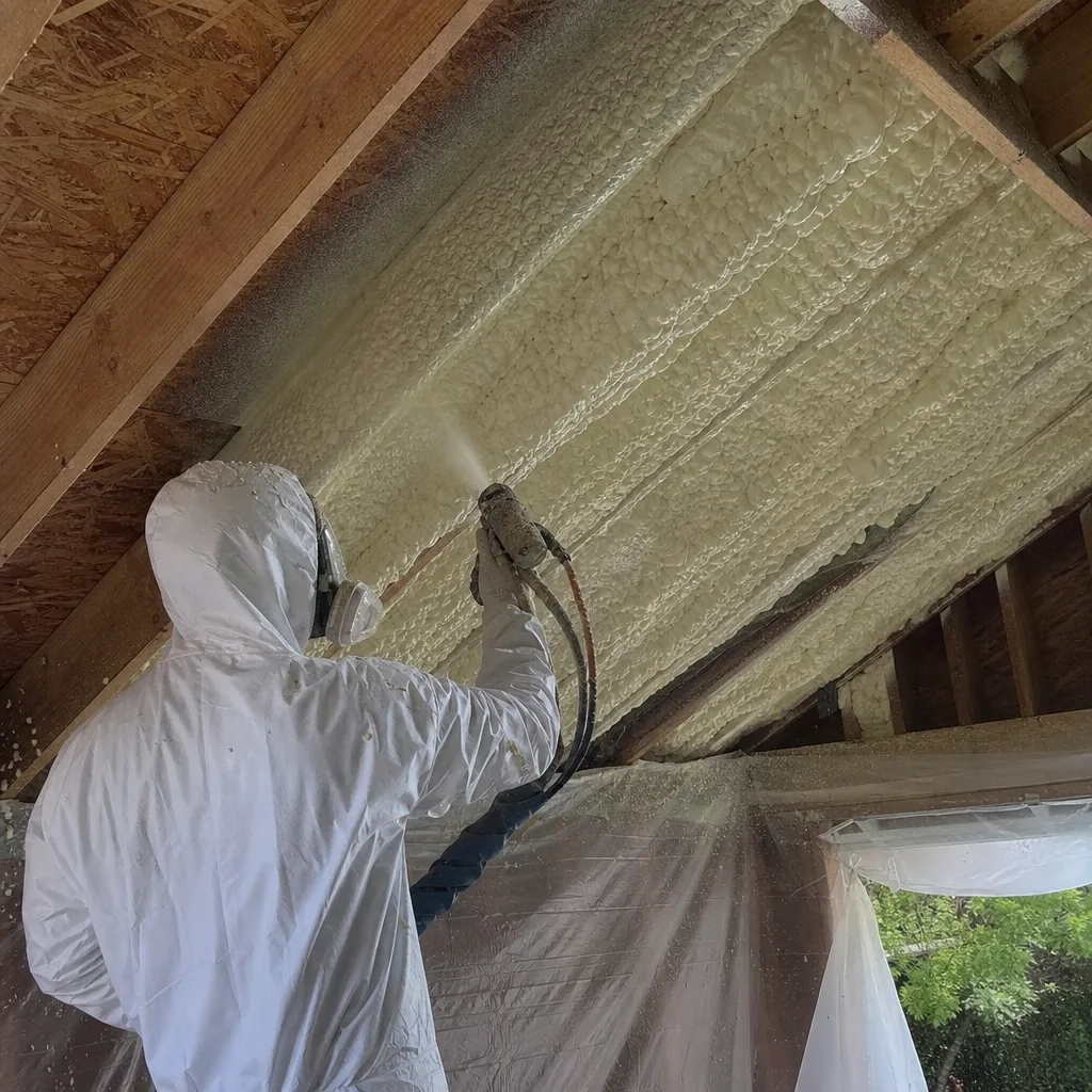 Professional contractor applying spray foam insulation to residential ceiling joists